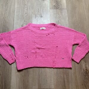 Hollister Hot Pink Distressed Oversized Women's Cute Long Sleeved Sweater Sz M‎